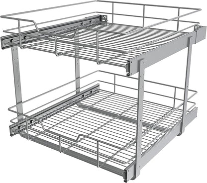 2 Tier Pull Out Cabinet Organizer 20" W X 22" D, Slide Out Drawers For Kitchen Cabinets, Pull Out Drawers For Cabinets Capacity Heavy Duty Caddy, Cabinet Pullout Shelves Chrome-Plated,Bathroom Pantry