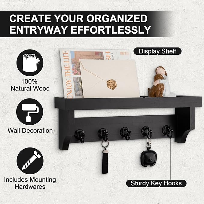 Key and Mail Holder Wall Mount, Key Holder with Shelf and Mail Organizer Wall Mount. Mail Holder with 5 Hooks for Coat, Dog Leash, Home Decor Rack, Entry Way Organizer (Black)