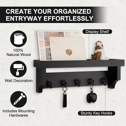 Key and Mail Holder Wall Mount, Key Holder with Shelf and Mail Organizer Wall Mount. Mail Holder with 5 Hooks for Coat, Dog Leash, Home Decor Rack, Entry Way Organizer (Black)