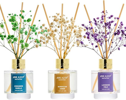 Airkeep Reed Diffuser Set of 3, Cinnamon Vanilla Lavender Field Moroccan Amber Oil Reed Diffusers for Bedroom Living Room Office Aromatherapy Oil Reed Diffuser for Gift 50ml x 3