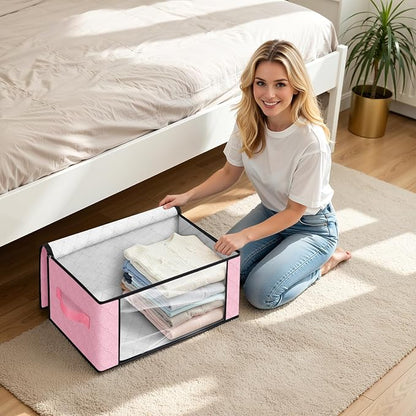 Fab totes 35L Closet Organizers and Storage, Foldable Under Bed Storage Containers, Storage bags for Organizing Bedroom, Closet, Clothing,Organization with Handle (4 Pack,Pink)