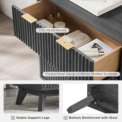 T4TREAM Fluted 6 Drawers Dresser, 54" Wide Modern Chest of Drawers, Curved Profile Design, Dresser TV Stand, Wood Drawer Organizer for Bedroom, Living Room, Hallway, Dark Alder