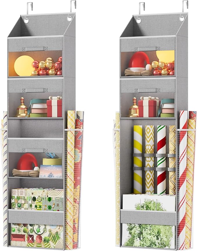 Light Grey Over Door Wrapping Paper Organizer Storage with 3 Removable Drawers & Side Pockets –Dual Use Design with Elastic Straps Wrap Storage for Ribbons,Bows,Ornament and Other Tools