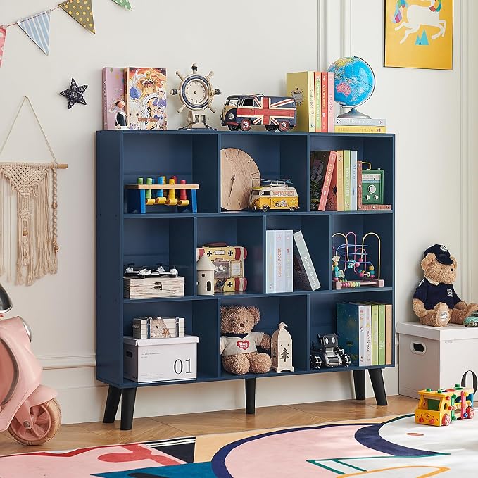 LEYAOYAO 10 Cube Bookshelf,3 Tier Modern Wide Bookcase with Legs,Mid-Century Wood Bookshelves Storage，Dark Blue Large Book Case,Freestanding Organizer Display Shelf for Bedroom,Living Room,Office