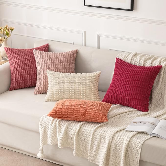 MIULEE Pack of 2 Corduroy Decorative Throw Pillow Covers 20x20 Inch Soft Boho Striped Pillow Covers Modern Farmhouse Home Decor for Summer Sofa Living Room Couch Bed Coral