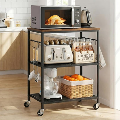 Homleke 3-Tier Rolling Kitchen Microwave Cart, Kitchen Utility Cart on Lockable Wheels, Coffee Bar Table Station with 6 S-Shaped Hooks, Small Appliance Storage Shelf, Rustic Brown and Black