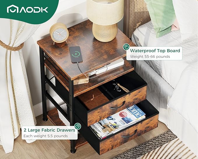 AODK Night Stand with Charging Station, End Table for Bedroom Tall Nightstand with Drawers, Small Nightstand for Bedroom, 4 Tier Storage Bedside Table, Vintage