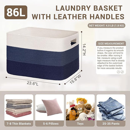 86L Extra Large Laundry Basket with Leather Handles for Living Room Storage, Woven Rope Baskets for Blanket, Kids Toy, Gifts, Wicker Hamper for Bedroom Dirty Clothes, 24"x16"x14" Gradient Blue