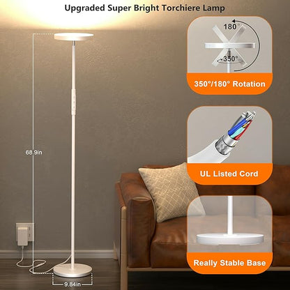 Super Bright Floor Lamp for Living Room, Stepless Dimmable LED Standing Lamp with Remote and Touch Control, 69” Tall Torchiere Corner Lamp for Bedroom Office Hotel, White