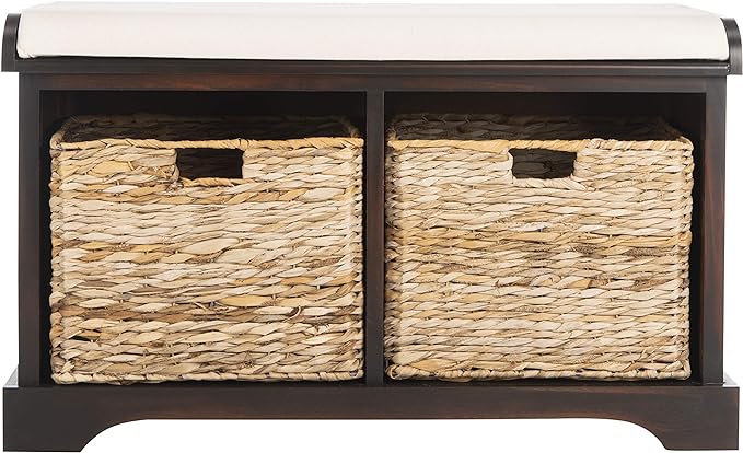 SAFAVIEH Home Collection – Freddy Brown Storage Bench with Wicker Baskets & Cushion, Entryway Seating Bench, Fully Assembled (AMH5736A)