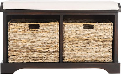 SAFAVIEH Home Collection – Freddy Brown Storage Bench with Wicker Baskets & Cushion, Entryway Seating Bench, Fully Assembled (AMH5736A)