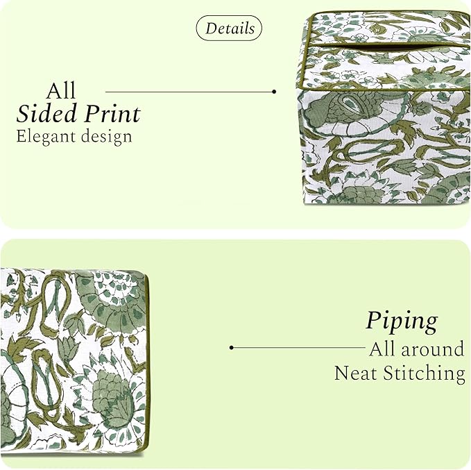 CPC Agate Green Hand Block Printed Cotton Tissue Box Cover 5" x 5" x 5.5" Square Soft Reusable Boho Napkin Holder for Home Kitchen Dining Bathroom Office Cafe Spa Summer Thanksgiving