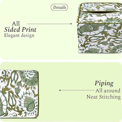 CPC Agate Green Hand Block Printed Cotton Tissue Box Cover 5" x 5" x 5.5" Square Soft Reusable Boho Napkin Holder for Home Kitchen Dining Bathroom Office Cafe Spa Summer Thanksgiving