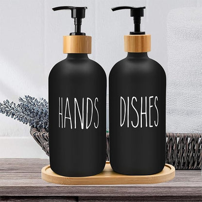 Sunrise Premium 16 OZ Thick Black Glass Soap Dispenser, Bamboo Pump with Tray 2 Pack, Hand and Dish Soap Dispenser Set for Bathroom with 6 Waterproof Labels