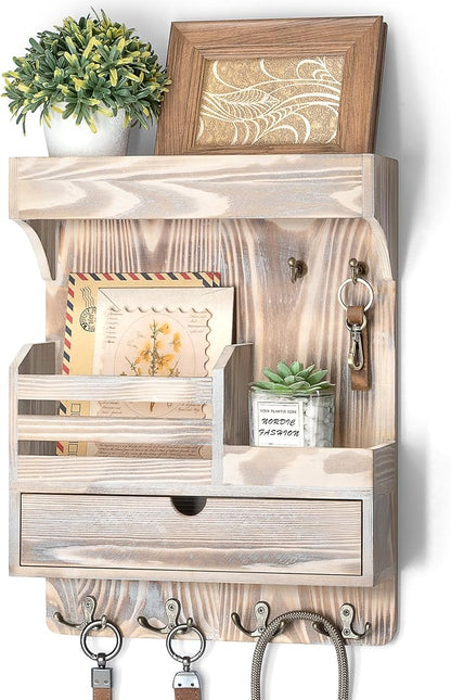 Rebee Vision Farmhouse Key Holder Wall Mount with Drawer Organizer – Wooden Mail & Key Organizer with 6 Strong Hooks & Wall Shelf – A Perfect Addition to Your Farmhouse Home Decor (Natural Wood)