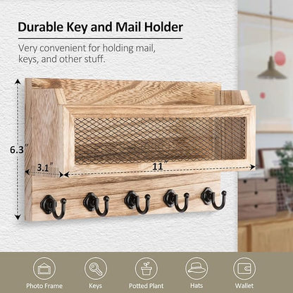 Nekon Mail and Key Holder for Wall Decorative, 11 Inch Wooden Wall Key Organizer with 5 Key Hooks, Wall Mount Storage Shelf for Entryway Hallway (Wood)