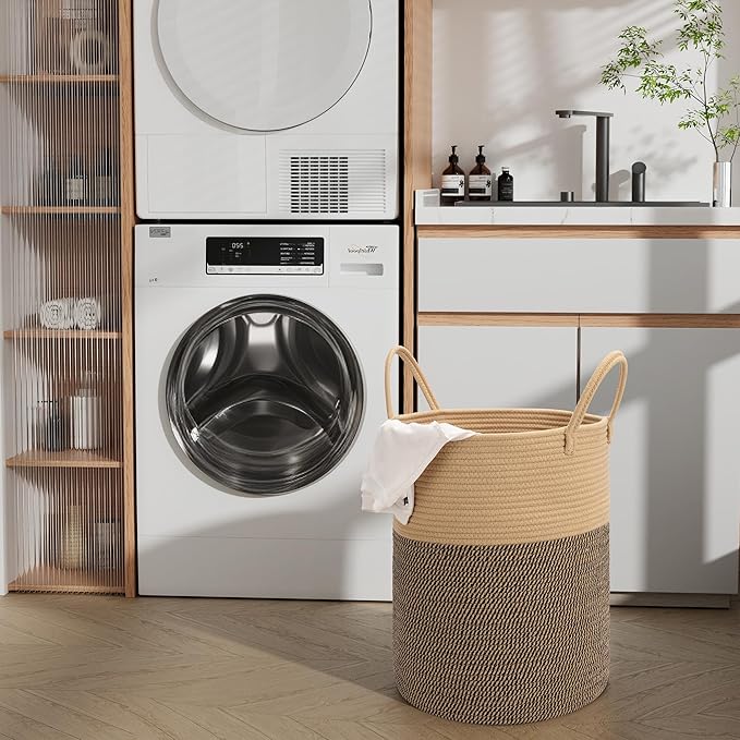 Eblog 58L Cotton Rope Laundry Basket (20"x15"),Woven Basket for Storage Dirty Clothes Basket for Laundry, Living Room, Nursery, Bedroom Rope Storage Basket for Blankets（Brown/Stitches）