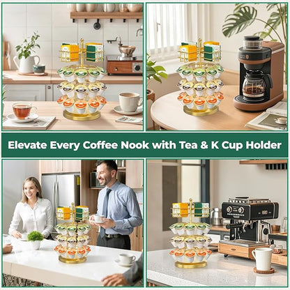 EsLuker.ly K Cup Holder Coffee Pod Organizer Carousel for Countertop, Rotatable Metal 4-Tier Storage Rack Stand for 30 K Cups & Tea Bags, Convenience Meets Elegance, Gold