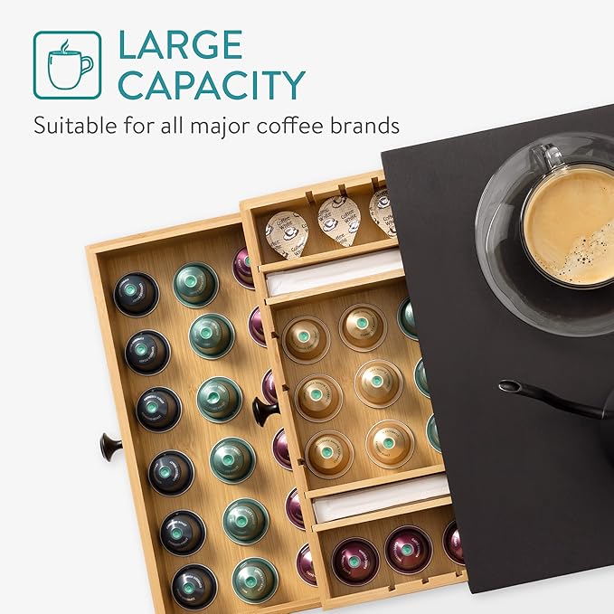 Navaris Bamboo Coffee Pod Drawer Organizer - Capsule Storage Holder Compatible with OriginalLine Capsules or Pods - 2 Drawers with Adjustable Dividers