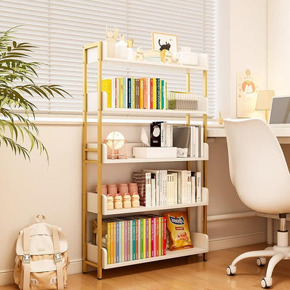 Wide Open Shelf Bookcase - Modern 5-Tier Freestanding Display Bookshelf with Three-Side Panels for Home and Office, Storage Shelving in Warm White with Gold Frame