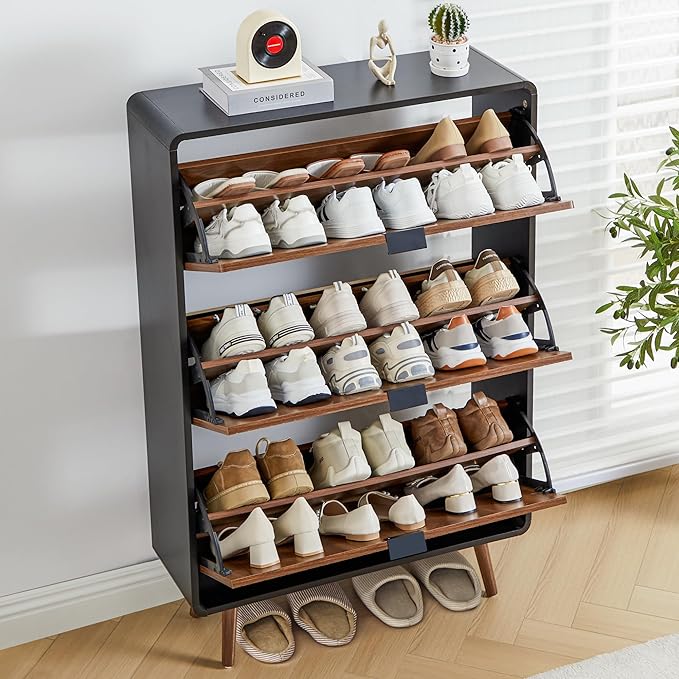 47" Fluted Shoe Cabinet with 3 Flip Drawers, Slim Freestanding Hidden Shoe Cabinet Organizer, Narrow Shoes Storage Rack for Entryway(Walnut with Black, 3 Drawers)