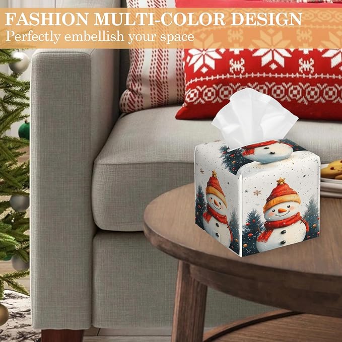 Christmas Snowman Tissue Box Cover Holder,Leather Tissue Case Holder Facial Paper Organizer Decorative for Tabletop Night Stands Desk Bathroom Kitchen Car Office Home Decor