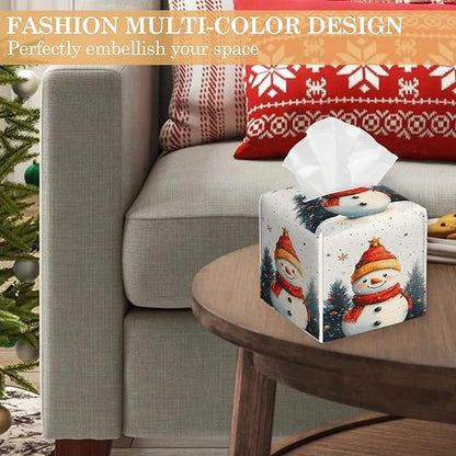 Christmas Snowman Tissue Box Cover Holder,Leather Tissue Case Holder Facial Paper Organizer Decorative for Tabletop Night Stands Desk Bathroom Kitchen Car Office Home Decor