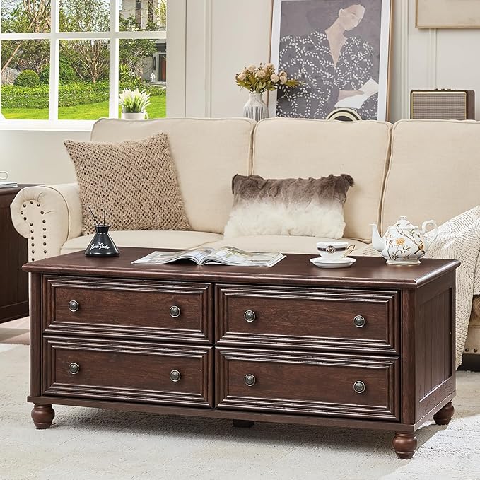 48" Farmhouse Coffee Table with Hidden Storage,Wooden Coffee Tables with 4 Drawers & Roman Column Handle,Rectangular Rustic Center Table with Solid Wood Curved Base for Living Room,Office,Walnut