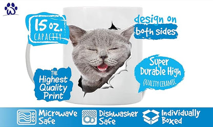 Winston & Bear Laughing Grey Cat Coffee Mug - Funny Ceramic Coffee Mug Gift for Cat Lovers - Cute Novelty Cup for Men and Women (15oz)