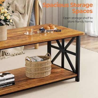 GreenForest Coffee Table with Round Corner, Farmhouse Center Table with 2-Tier Storage Shelf X-Frame Design for Living Room, 39 inch Walnut