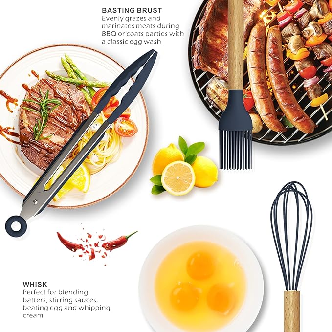 oannao Silicone Cooking Utensils Set - 446°F Heat Resistant Silicone Kitchen Utensils for Cooking,Kitchen Utensil Spatula Set w Wooden Handles, BPA FREE Gadgets for Non-Stick Cookware (Navy Blue)