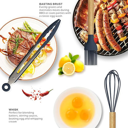 oannao Silicone Cooking Utensils Set - 446°F Heat Resistant Silicone Kitchen Utensils for Cooking,Kitchen Utensil Spatula Set w Wooden Handles, BPA FREE Gadgets for Non-Stick Cookware (Navy Blue)