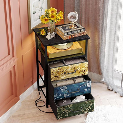 Fixwal Night Stand with Charging Station, LED Nightstand with U-S-B Ports and Outlets, 3 Fabric Storage Drawers with PU Finish, Bedside Table, Vintage Flower
