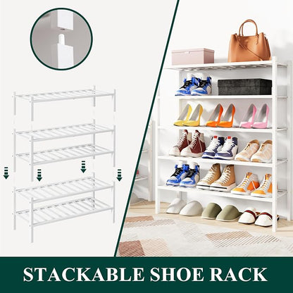 Smiry Bamboo Shoe Rack, 4 Tier Free Standing Wooden Shoe Organizer, Stackable Wood Shoe Storage Shelf for Closet, Entryway, 12 Vertical Slats, 2+2 Stack Standard Legs, 26.8"x11"x26", White