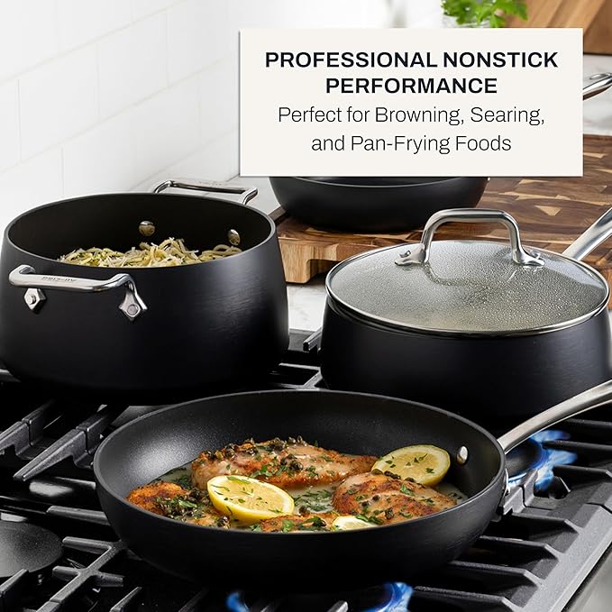 All-Clad HA1 Hard Anodized Nonstick Fry Pan Set – 5-Piece Cookware, 8", 10", 12" Skillets with Lid, Induction Compatible, Oven Safe to 500°F, Lid Safe to 350°F, Black