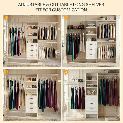 8FT Closet System with 3 Curved Drawers, 96'' Wooden Walk-in Closet Organizer with 3 Top Shelves, Adjustable Organizer System with 3 Hanging Rods, Built-in Wardrobe Storage Rack for 4-8 ft, White