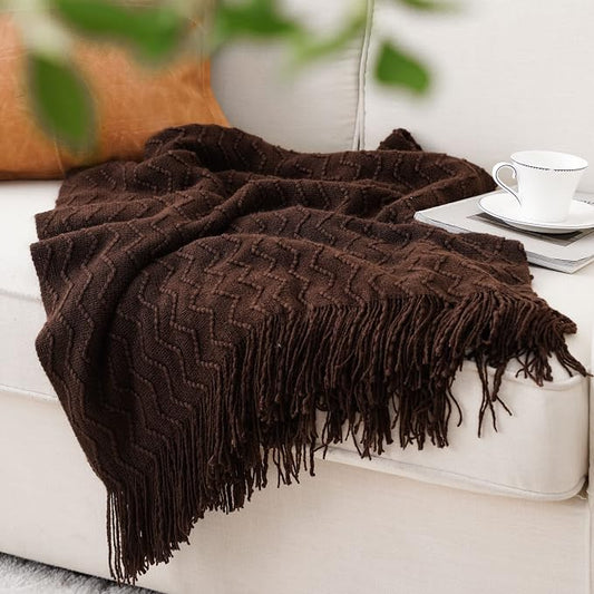 BATTILO HOME Dark Brown Throw Blanket for Couch, Boho Throw Blanket for Home Decor, Decorative Chocolate Knit Throw Blankets for Chair Sofa, Bed, 50"x60"