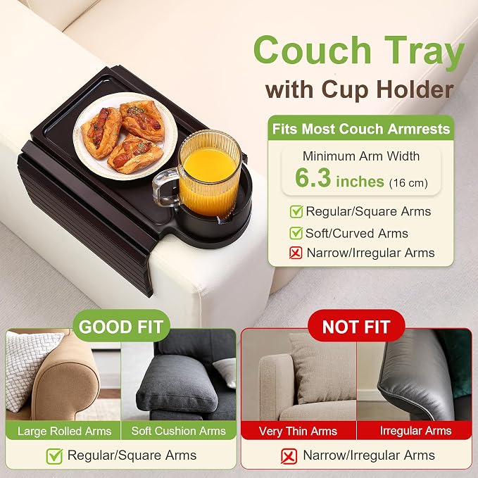 Couch Cup Holder Tray - 3 in 1 Couch Arm Table with 360° Rotating Phone Holder, Foldable Sofa Arm Tray for Drink Table, Snacks Table,Hold Cellphone Remote or Books