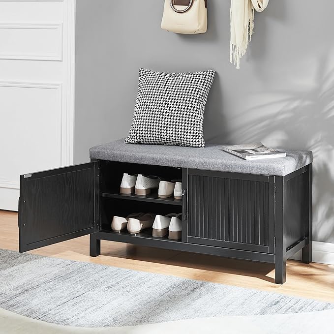 Shoe Storage Cabinet with Bench, Shoe Organizer with 2 Doors Shoe Rack Benches with Cushion for Front Door Entrance Entryway Living Room(Black)
