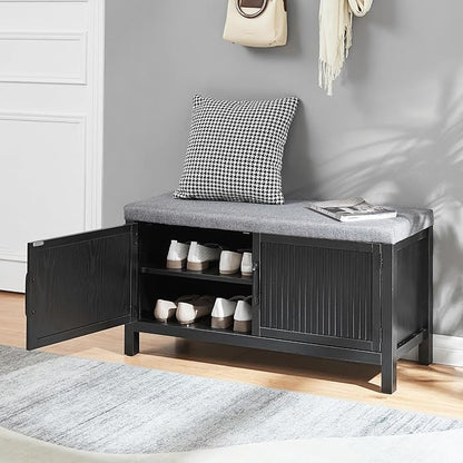 Shoe Storage Cabinet with Bench, Shoe Organizer with 2 Doors Shoe Rack Benches with Cushion for Front Door Entrance Entryway Living Room(Black)