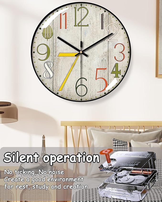 Decorative Wall Clocks Batterys Operated, Retro Wall Clock with Glass Dial, 12-Inch Dial with Roman Numerals, Silent and No Ticking, Suitable for Living Room, Bedroom, Dining Area, Workspace
