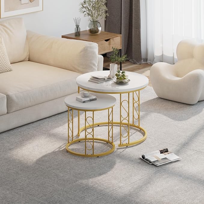 Garden 4 you Coffee Table Faux Marble Nesting Table for Small Place 2 Sets Modern Furniture Living Room Sets End Side Table Night Stand for Bed Room Dining Room (White & Gold)