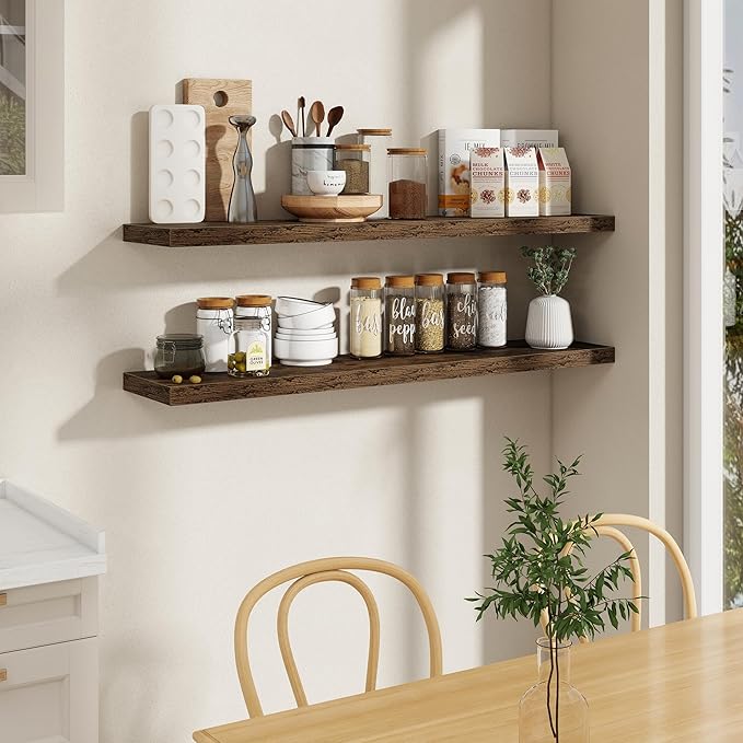 Fun Memories 55 Inch Long Floating Shelves for Wall, 55x9.3 Large Floating Shelf for Bedroom, Kitchen, Bathroom, Wall Mounted Rustic Wood Shelves with Invisible Bracket for Books, Decor, Rustic Brown