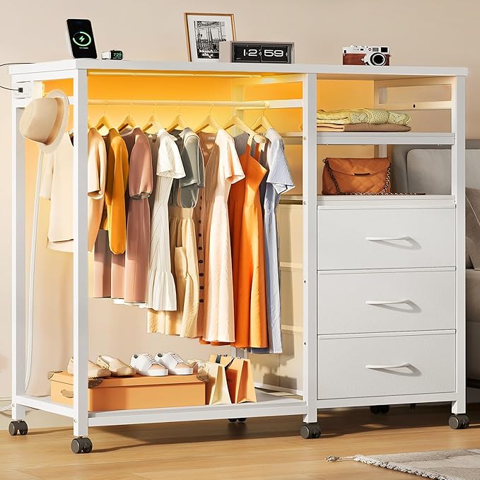 WLIVE White Dresser with Hanging Rack for Bedroom, 3 Drawer Dresser with LED Lights & Charging Station, Fabric Dressers & Chest of Drawers, Storage Organizer with Open Shelves for Living Room