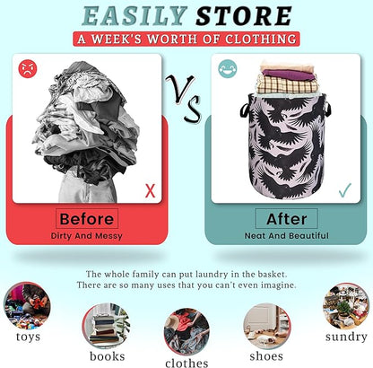Black Birds With Feathers Laundry Hamper With Handles Foldable Oxford Cloth Goth Style Tote Bag Funny Laundry Basket Clothes Toy Storage Bucket 18.9"x16.5" For Bathroom/Laundry/Bedroom
