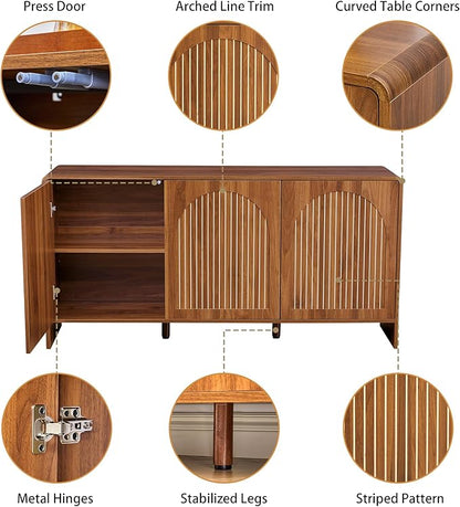 59" Sideboard Buffet Cabinet with Storage, Wood Arched TV Console Storage Cabinet with 3 Doors and Adjustable Shelf, Large Curved Accent Cabinet for Living Room Hallway Kitchen Dining Room, Walnut