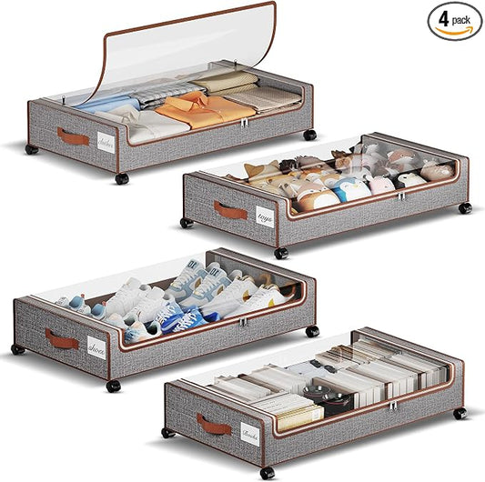 Yecaye Under Bed Storage with Wheels, 4 Pack Under the Bed Storage Containers with Lids & Label, XXL 60 L Rolling Underbed Storage Drawers for Clothes, Blankets, Shoes
