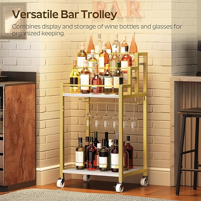 Bar Cart, 3 Tier Home Bar Serving Cart with Glass Holder, Versatile Display Wine Rack Trolley, for Living Room, Kitchen, Gold BC08DW