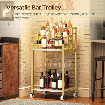 Bar Cart, 3 Tier Home Bar Serving Cart with Glass Holder, Versatile Display Wine Rack Trolley, for Living Room, Kitchen, Gold BC08DW