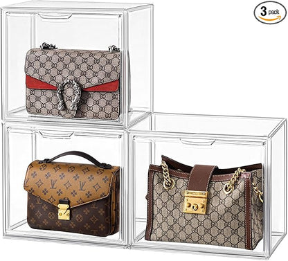 HBlife 3 Pack Purse Storage Organizer for Closet, Medium Clear Stackable Handbag Display Case Box with Magnetic Door for Collectibles, Cosmetics, Women Heels and Toys